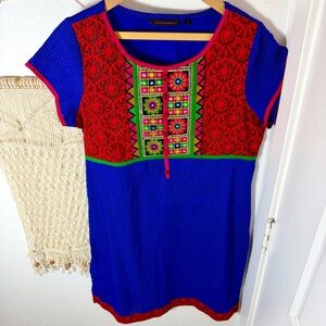 Bohemian Gypsy Indian Kaftan Blue and Red Embroidered Mirrored Womens Dress L